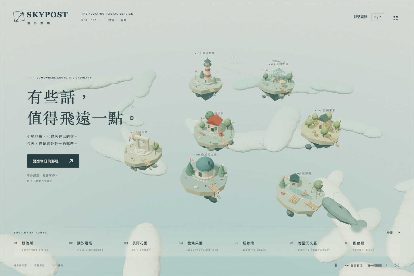 SKYPOST: seven floating islands on a turquoise sky, with a paper-plane route between them.